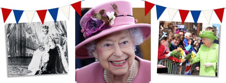 Platinum Jubilee bunting and three highlight photos of the Queen